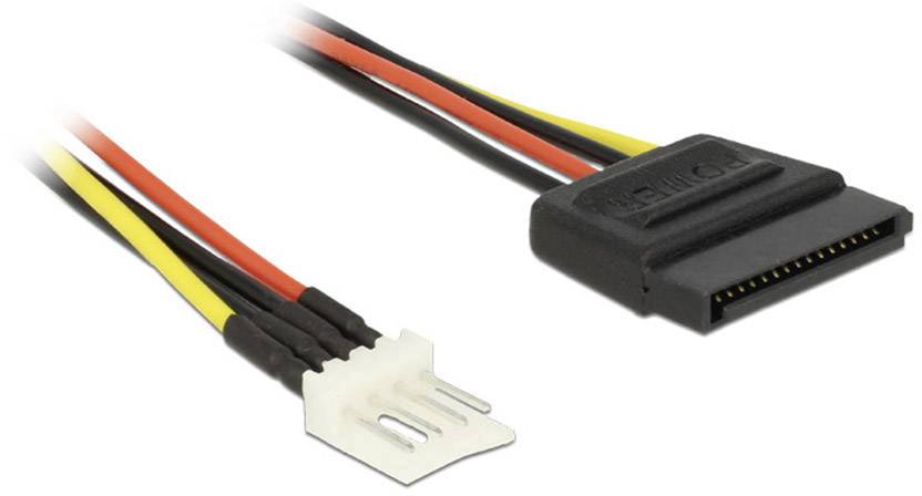Ein SATA-Stromkabel mit schwarzem Stecker und roten, gelben und schwarzen Drähten verbindet ein Gerät mit einer Stromquelle.