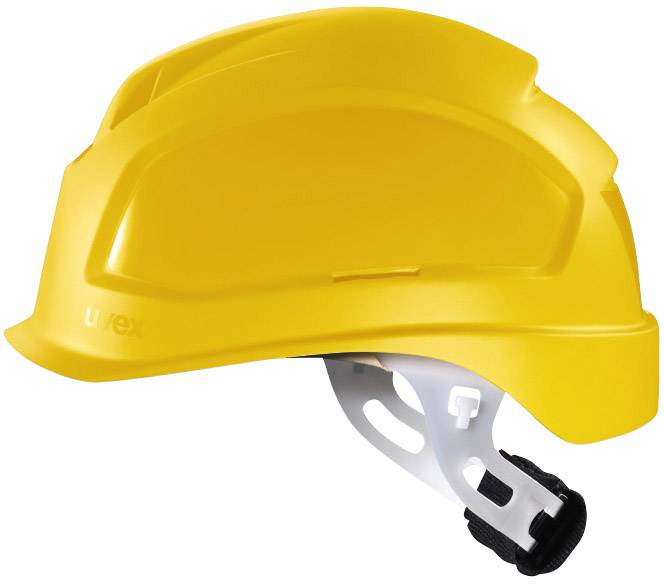 Gelber Sicherheitshelm mit verstellbarem Innenband, seitlicher Belüftung und ergonomischem Design zur Arbeitsschutzanwendung.