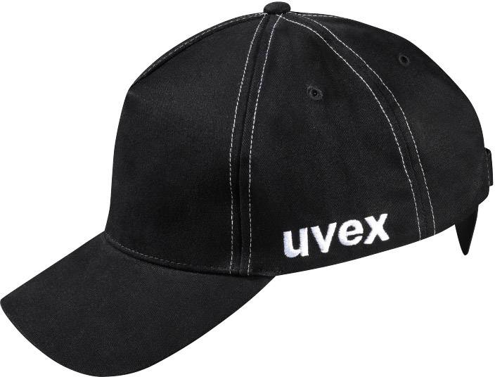 Schwarze Baseballkappe mit weißem 'uvex'-Logo an der Seite, mit kontrastierenden Nähten entlang der Paneele.