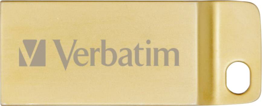 Goldener USB-Stick mit 'Verbatim'-Logo. Enthält eine Öffnung zur Befestigung.