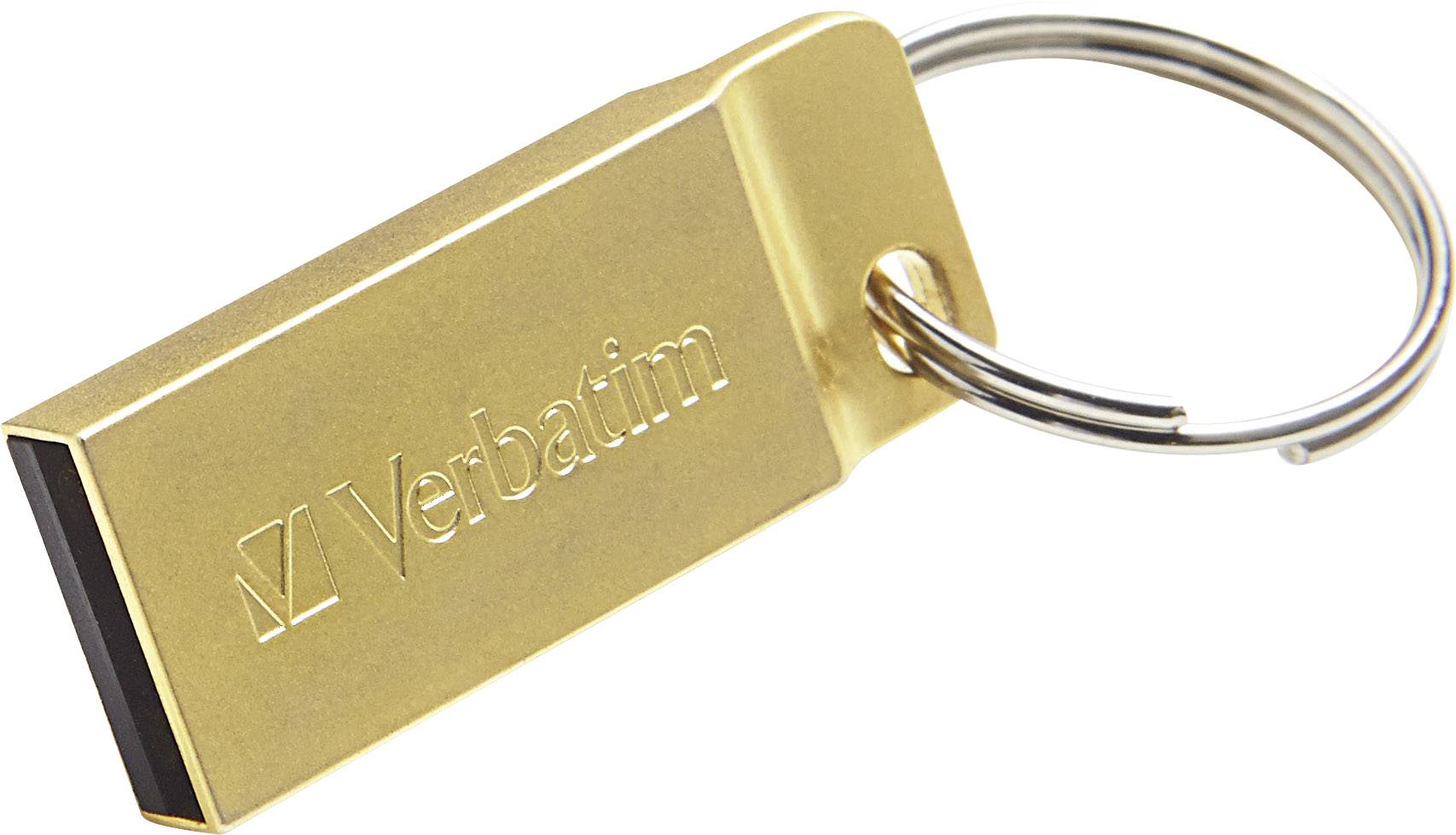 Ein goldener USB-Stick von Verbatim mit einem Schlüsselring.