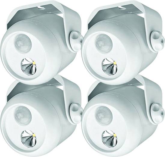Vier weiße batteriebetriebene LED-Bewegungsmelderleuchten in einer quadratischen Anordnung, geeignet für Wände oder Decken.
