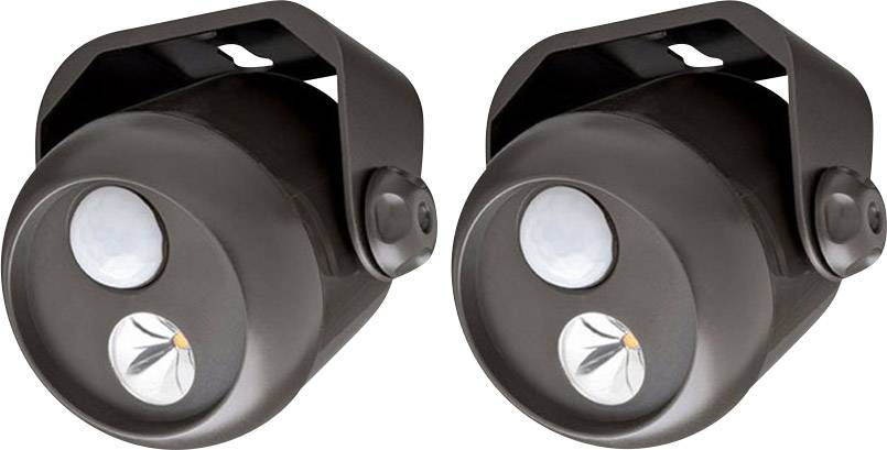 Zwei runde, braune LED-Außenleuchten mit Bewegungssensor und Wandhalterung, geeignet für Sicherheits- oder Gartenbeleuchtung.