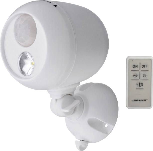 Weiße batteriebetriebene Außenleuchte mit Bewegungssensor und Fernbedienung zur Steuerung von Ein/Aus und Helligkeitseinstellungen.