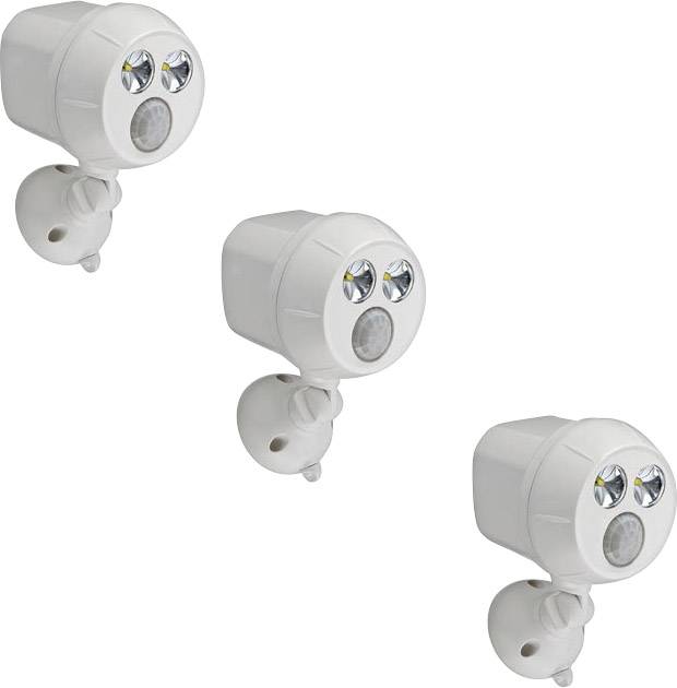 Drei weiße Bewegungsmelder mit integrierten LED-Lichtern, montierbar an einer Wand, in einer diagonalen Anordnung dargestellt.