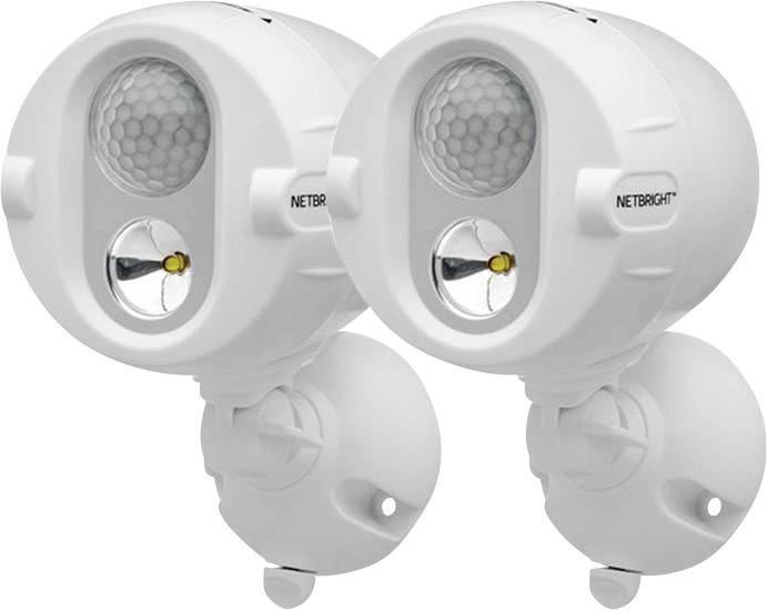 Zwei weiße Bewegungsmelder mit Scheinwerferfunktion, montierbar und anpassbar, geeignet für Außenbereiche zur Erhöhung der Sicherheit.