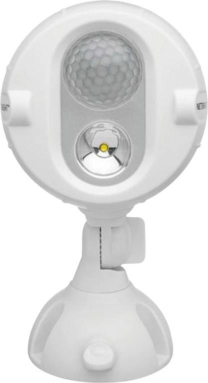 Eine runde, weiße LED-Sicherheitsleuchte mit Bewegungsmelder, montiert auf einem verstellbaren Standfuß.