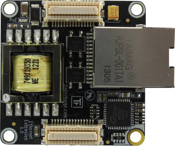 Elektronisches Bauteil mit Steckanschlüssen und einem Transformator, wahrscheinlich eine Platine für Ethernet- oder Netzwerkverbindungen.