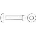 Technische Zeichnung einer Schraube, seitliche und obere Ansicht. Detailliert mit Kopf, Schaft und Gewinde gezeigt.