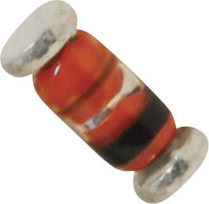Ein kleiner zylindrischer Diode mit Metallkappen an beiden Enden, rot-orange und schwarz gefärbt.