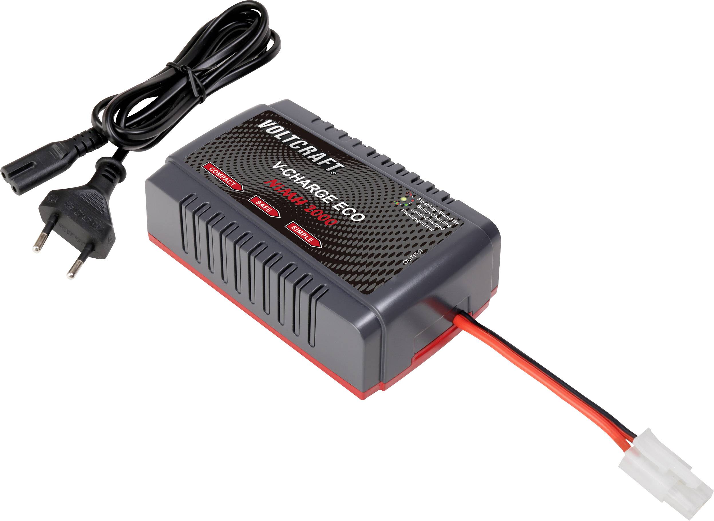 Netzteil mit EU-Stecker und Kabeln, beschriftet mit 'Voltcraft VC-LiPo'. Dient zum Laden von Akkus, kompakt und tragbar.