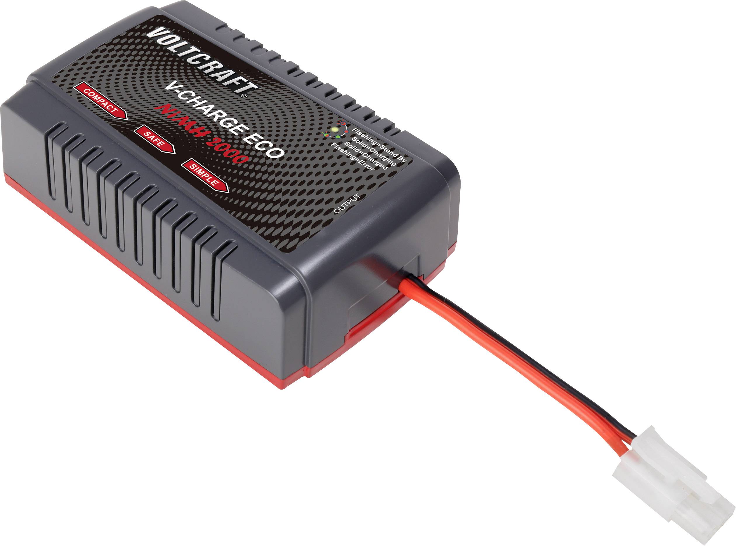 Ladegerät von Voltcraft mit Modellbezeichnung 'V-Charge Eco'. Es hat eine schwarze Oberfläche mit Lüftungsschlitzen und ein Kabel mit Stecker.