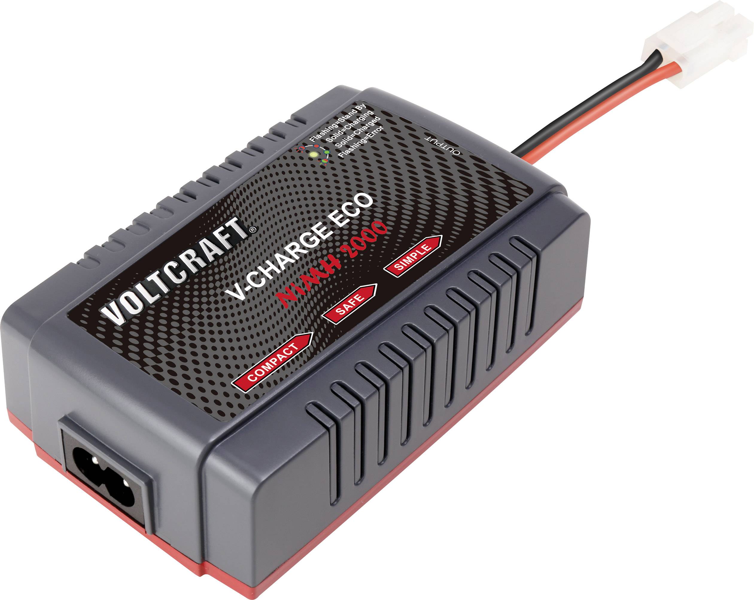 Ein Ladegerät der Marke Voltcraft, Modell V-Charge Eco. Es hat eine kompakte Bauweise und ist für verschiedene Akku-Typen geeignet.