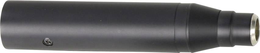 Ein schwarzer Adapter mit zylindrischer Form, einer Schraube an der Seite und einer metallischen Öffnung am Ende, vermutlich für Audio- oder Elektronikverbindungen.