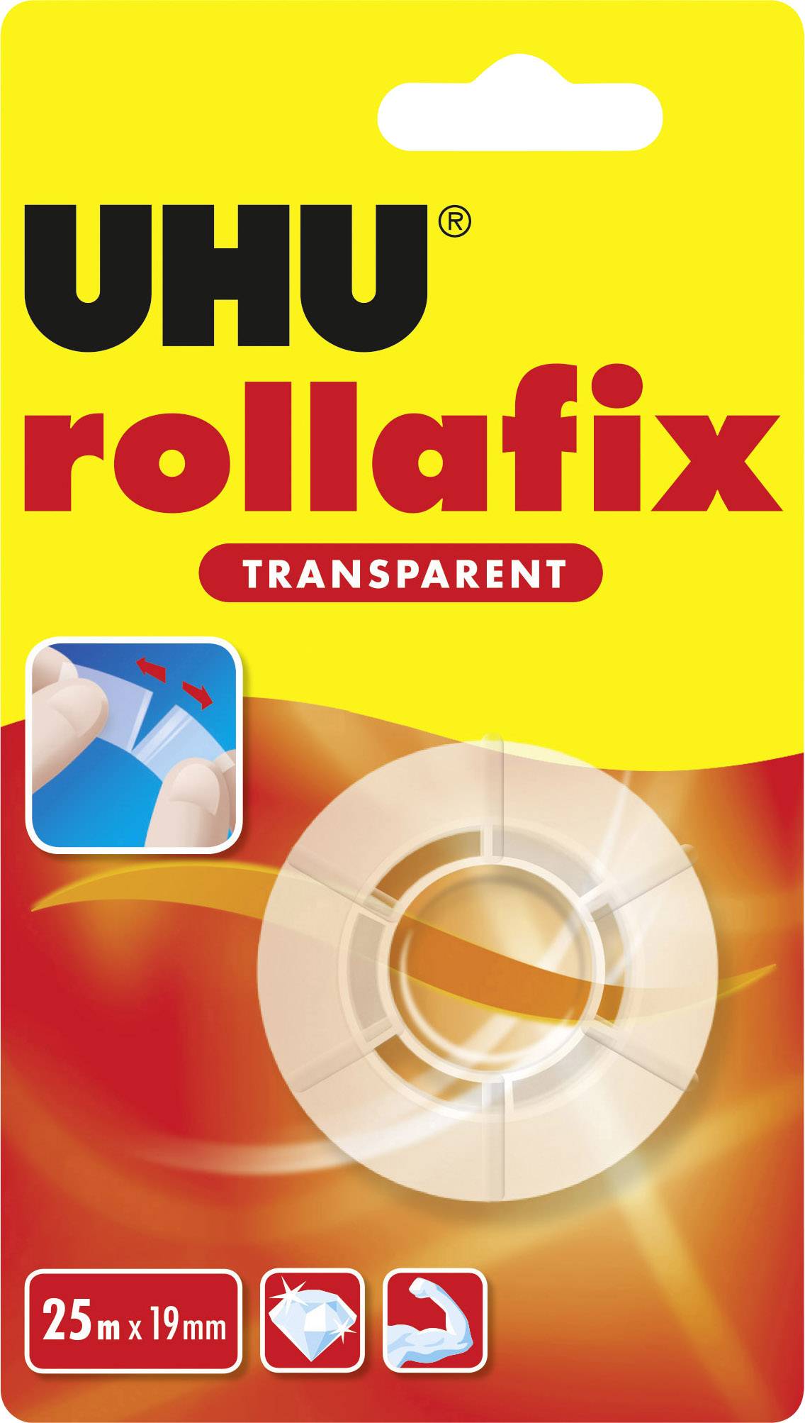 Verpackung für UHU rollafix Transparent Klebefilm, 25 Meter x 19 Millimeter, mit Abbildungen zum Abreißen und Diamantsymbol.