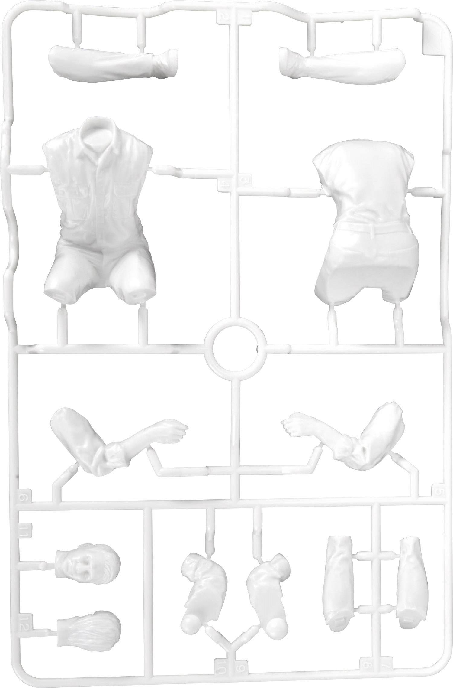 Plastikmodellbausatz mit Teilen eines menschlichen Körpers. Enthalten sind Torso, Arme, Beine und Köpfe in weißem Kunststoff.