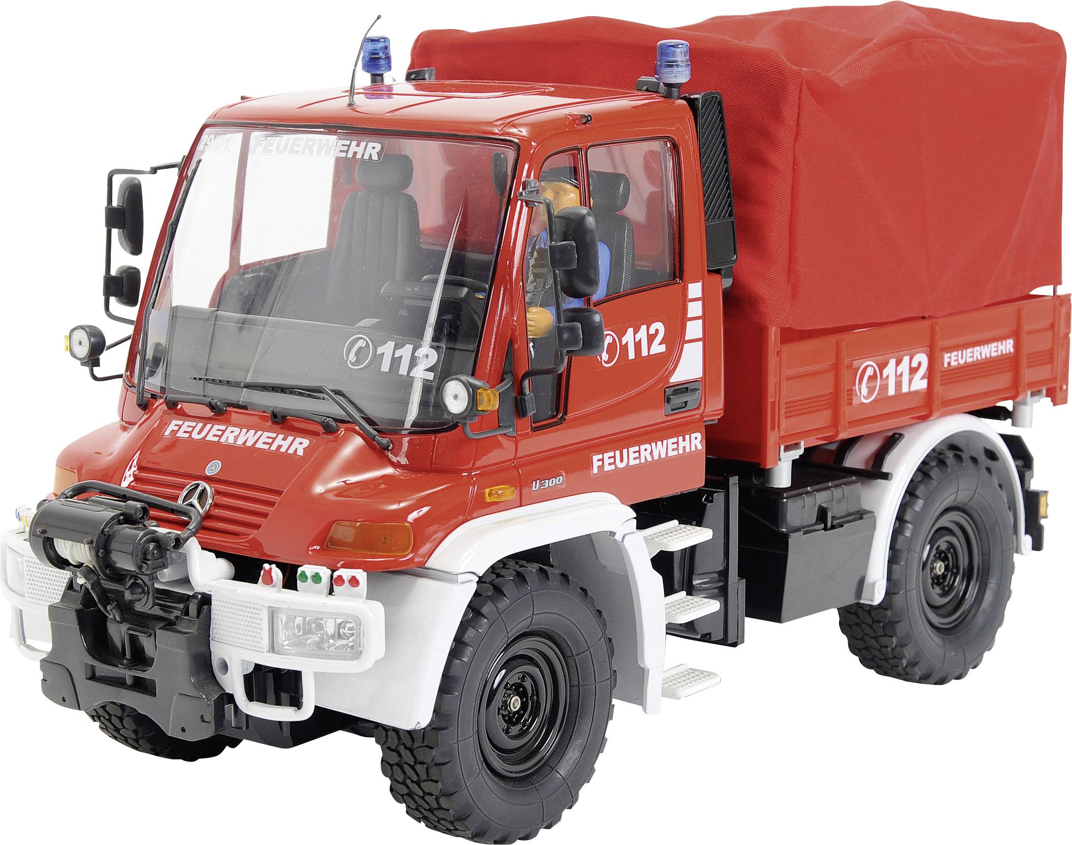 Carson Modellsport Unimog Mercedes Benz U300 Feuerwehr 1:12 RC Einsteiger Funktionsmodell Baufahrzeug inkl. Akku, Ladegerät und