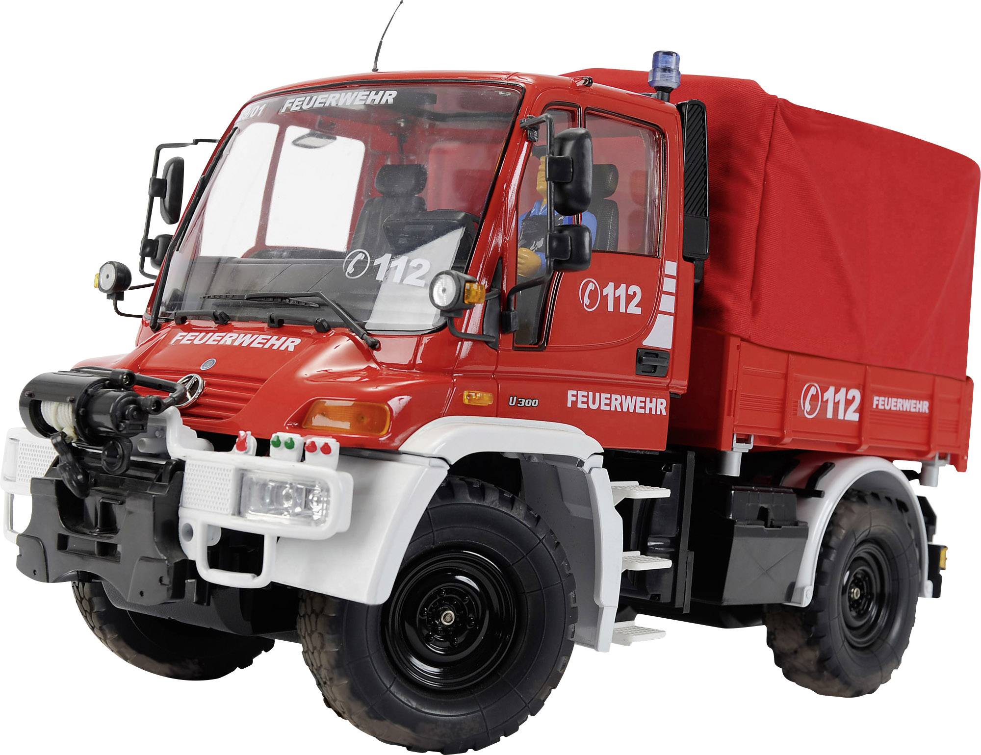 Carson Modellsport Unimog Mercedes Benz U300 Feuerwehr 1:12 RC Einsteiger Funktionsmodell Baufahrzeug inkl. Akku, Ladegerät und