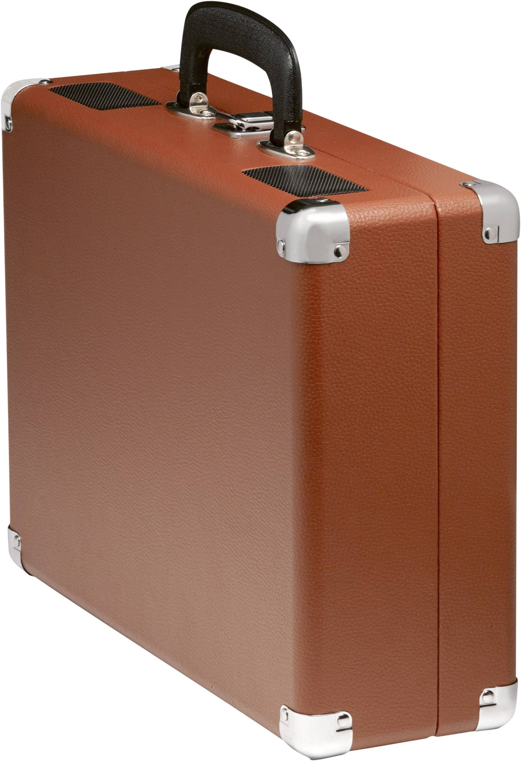 Ein brauner Hartschalenkoffer mit schwarzen Details und silbernen Metallecken, stehend aufrecht mit einem schwarzen Griff oben.
