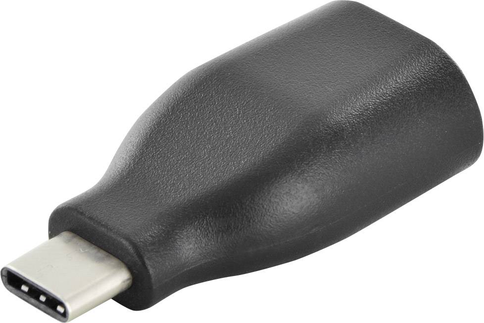 Ein schwarzer USB-C-Adapter für Geräteverbindungen, bietet einfachen Konverterzugang für verschiedene Anschlusstypen in einem kompakten Design.