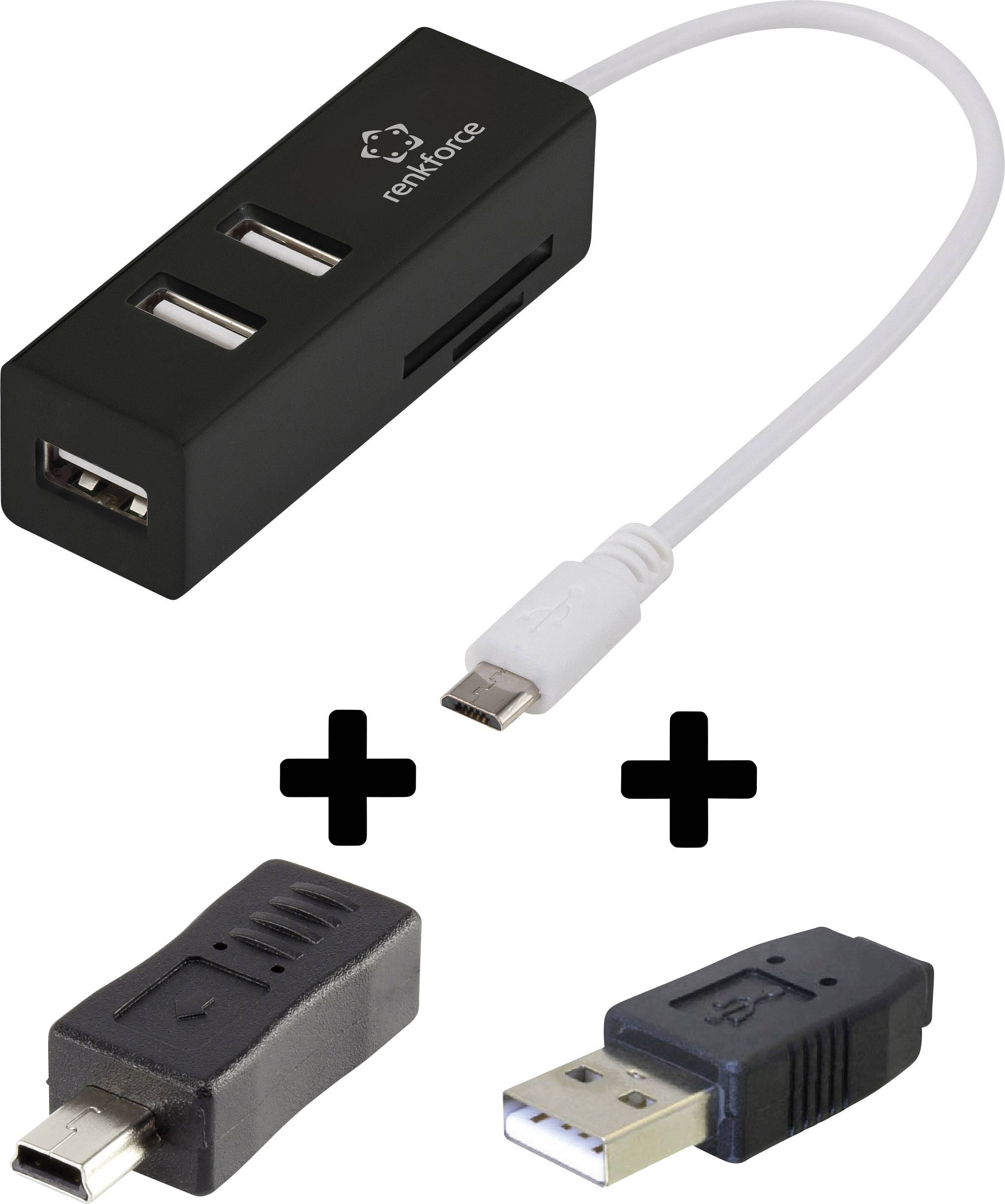 Renkforce Universal 3 Port USB 2.0 OTG-Hub mit SD-Kartenleser für Smartphone/Tablet und PC