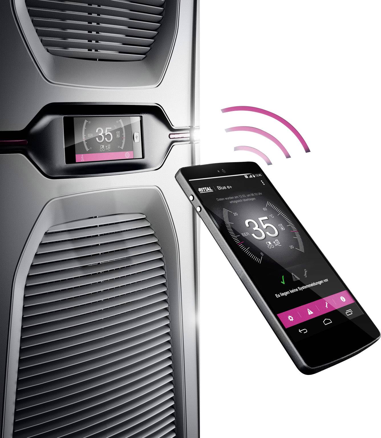 Ein Smartphone steuert eine Heizungseinheit drahtlos. Beide Anzeigen zeigen '35°C'. Verbindung durch rosa Funksignal symbolisiert.