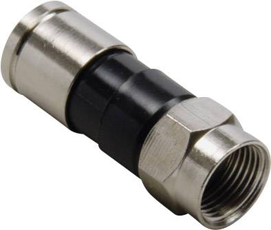 Metallischer Koaxialstecker mit schwarzem Mittelteil, typische Verwendung für Kabelanschlüsse in elektronischen Geräten.