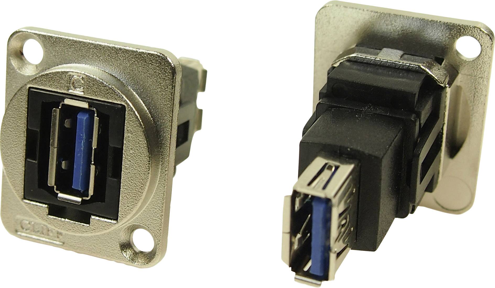 Zwei USB 3.0-Anschlussbuchsen in Metallgehäuse, eine frontal und eine seitlich abgebildet, zeigen Befestigungslöcher für Montage.