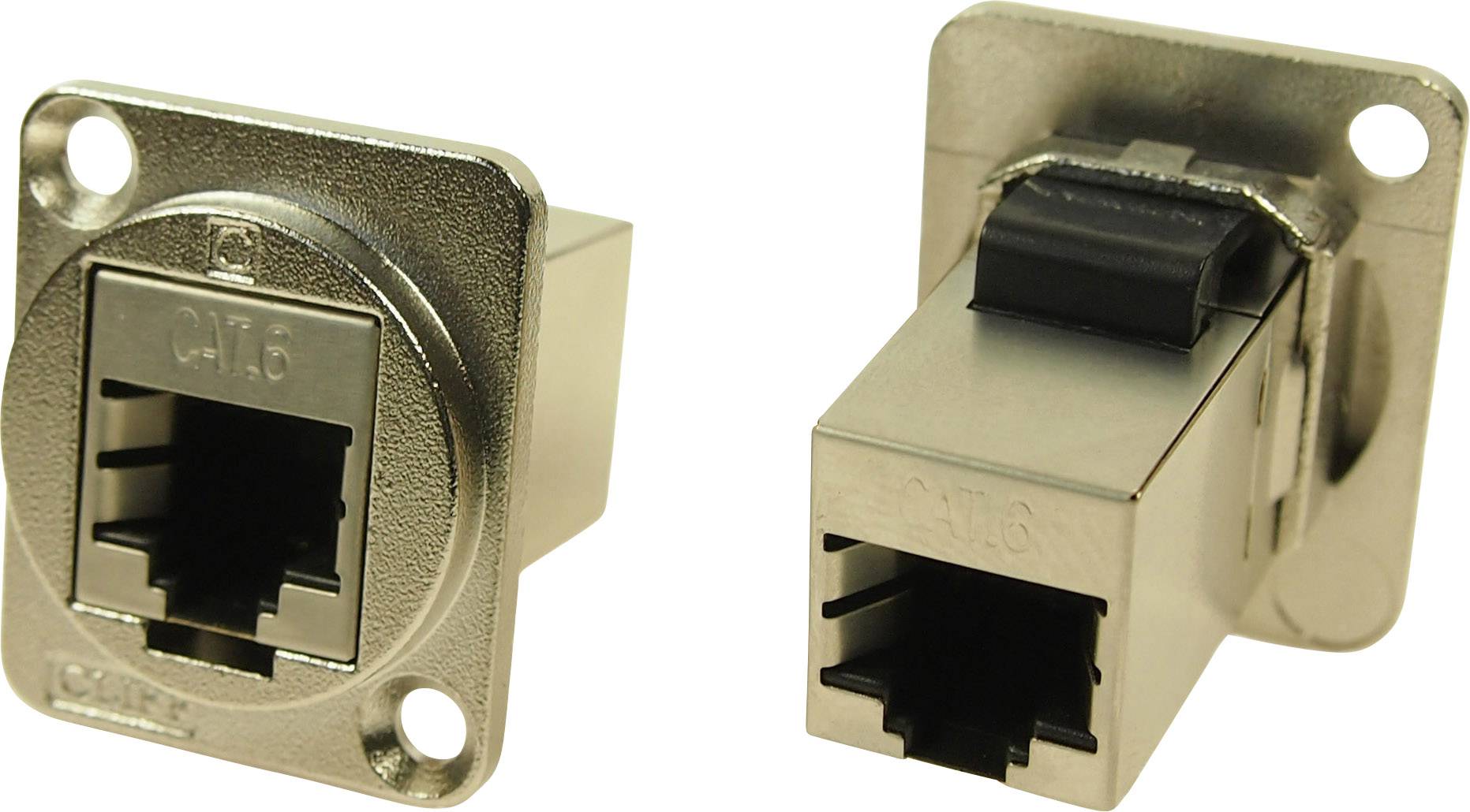 Zwei CAT.6-Netzwerkbuchsen, eine frontal und eine seitlich, mit Metallgehäuse, geeignet für die Verbindung von Ethernet-Kabeln.