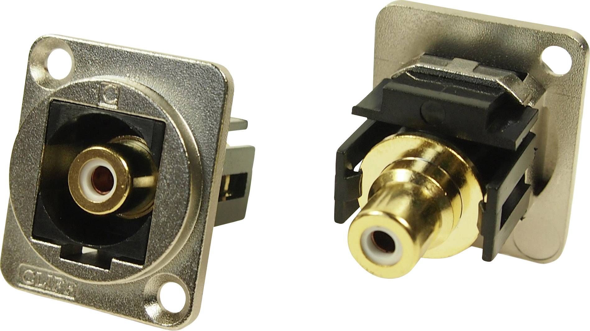 Zwei RCA-Buchsen auf Metallplatten, eine frontal, die andere seitlich gezeigt. Sie dienen zur Ton- oder Videoübertragung in Audiogeräten.