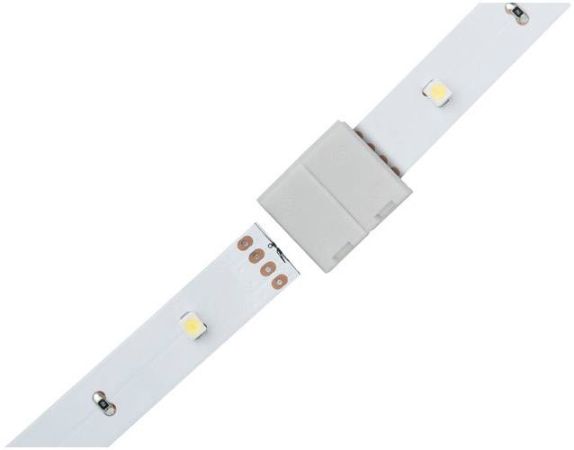 LED-Streifen mit Steckverbinder in der Mitte, zeigt zwei weiße LED-Lichter auf flexiblem Band. Geeignet für Beleuchtungsprojekte.