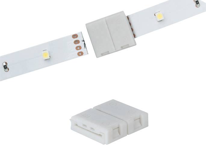 Ein LED-Streifen wird mit einem weißen Kunststoffverbinder verbunden. Der Verbinder hat zwei Steckplätze für die Streifenenden.
