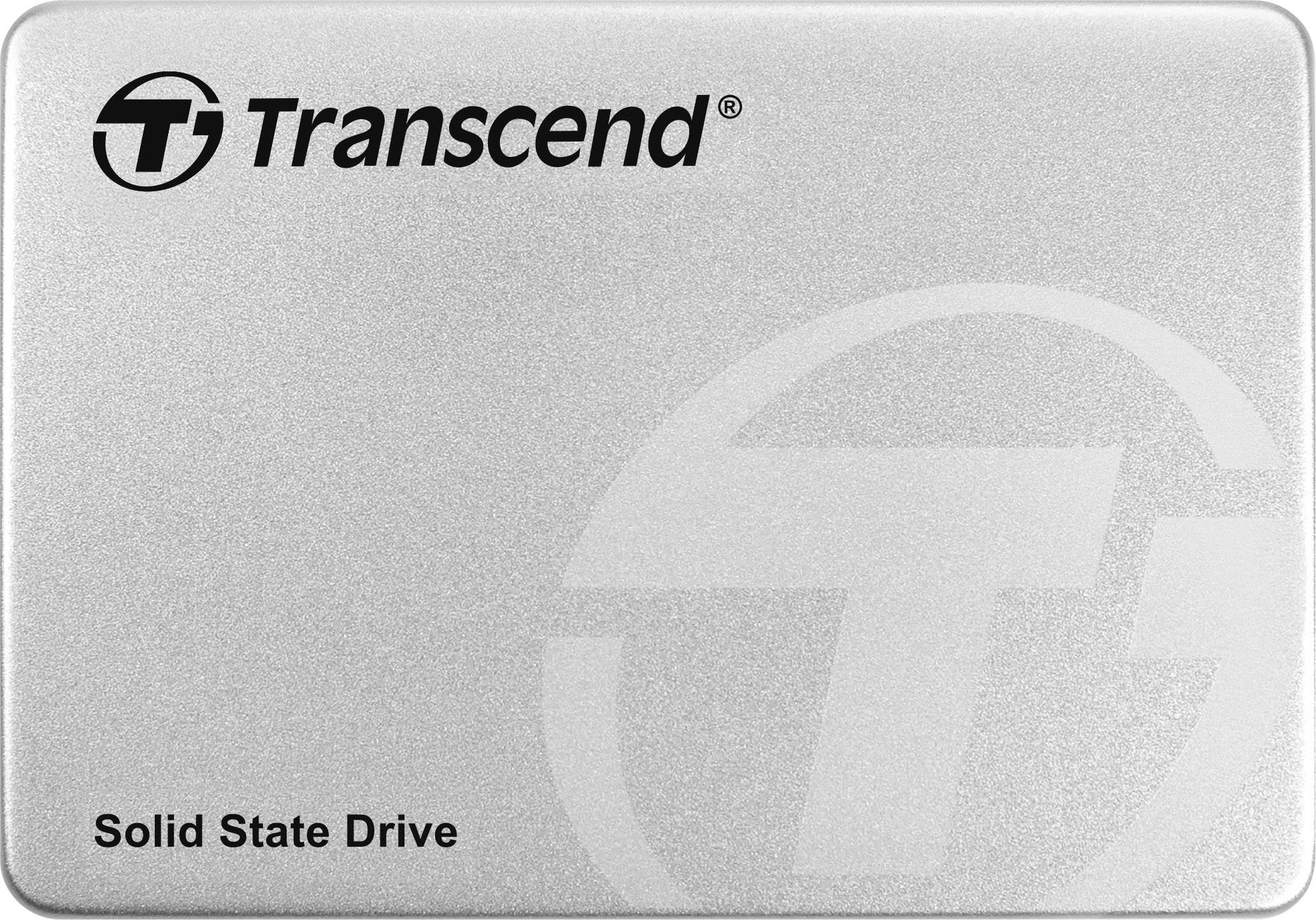 Externe Festplatte der Marke Transcend mit der Aufschrift 'Solid State Drive' auf silbernem Gehäuse.