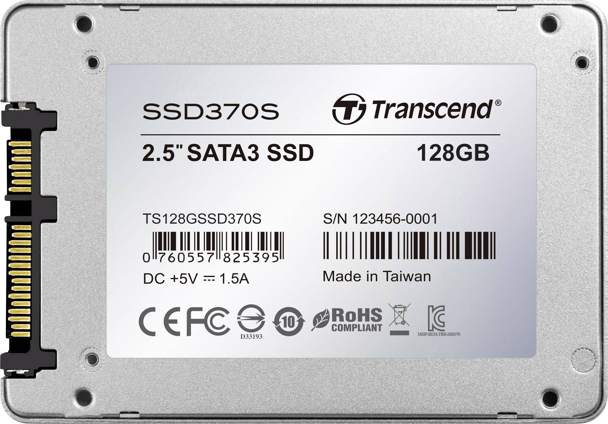 2,5-Zoll SATA3 SSD von Transcend mit 128 GB Kapazität. Modellnummer TS128GSSD370S. Hergestellt in Taiwan, CE- und RoHS-konform.