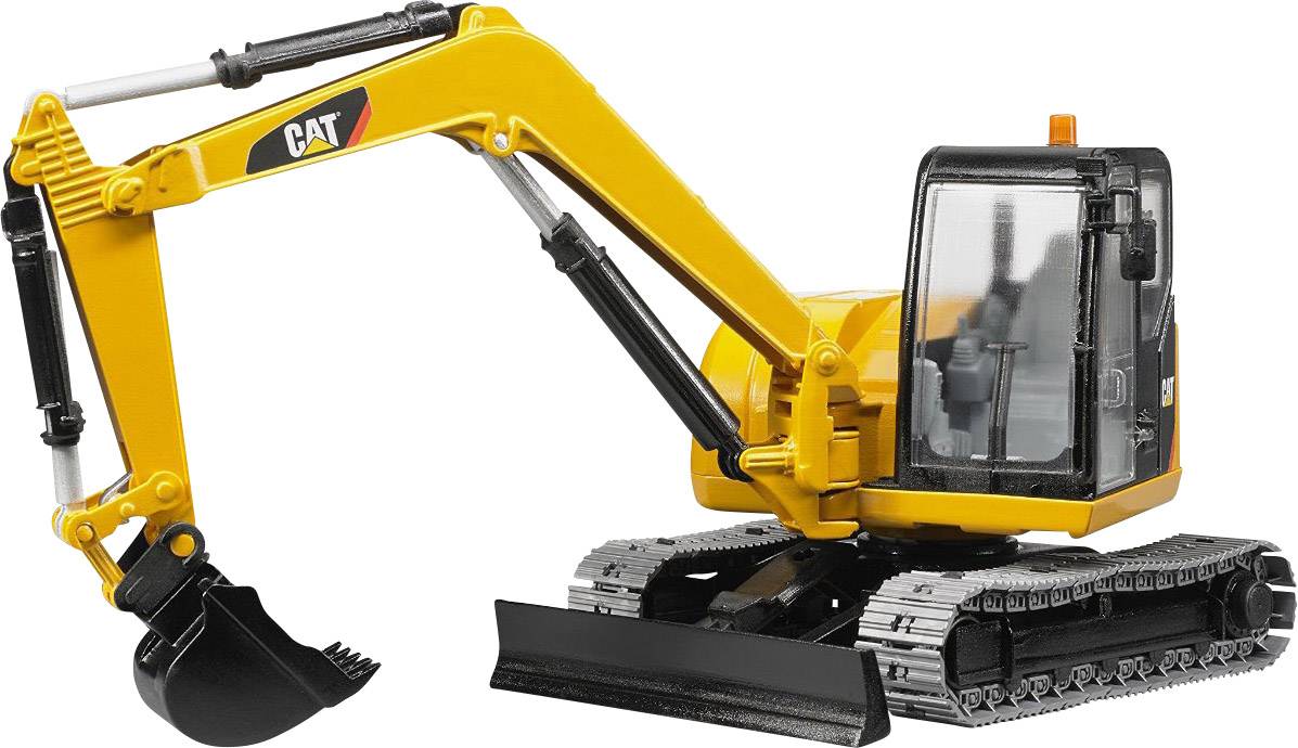 Spielzeug-Bagger mit gelbem Arm und schwarzem Schaufel, auf silbernen Kettenfahrwerken.
