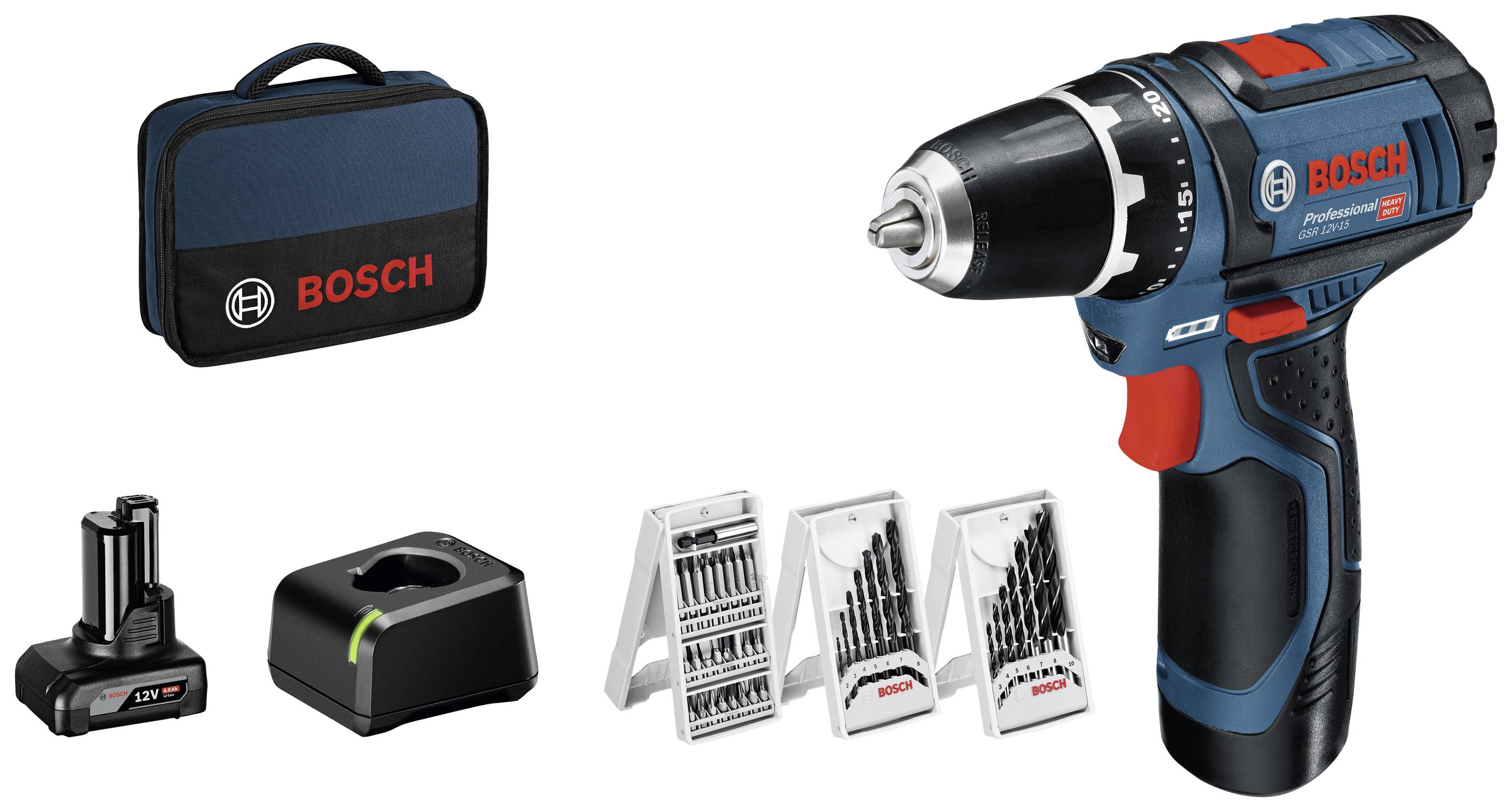 Akkubohrschrauber-Set mit blauem Bosch-Bohrschrauber, Ladegerät, Akku, Bohrer- und Bitsätzen sowie einer praktischen Tasche.