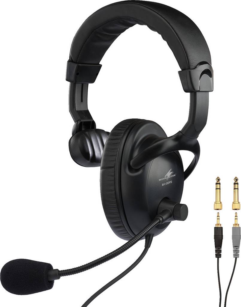Schwarzes Over-Ear-Headset mit flexiblem Mikrofonarm und abnehmbaren Klinkensteckern, geeignet für PC- oder Audioverbindungen.