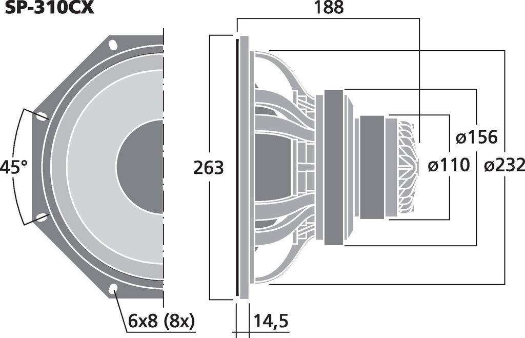 Technische Zeichnung eines Lautsprechers, Modell SP-310CX, mit Maßen in Millimetern: Gesamtbreite 263, Tiefe 188, Durchmesser 156.