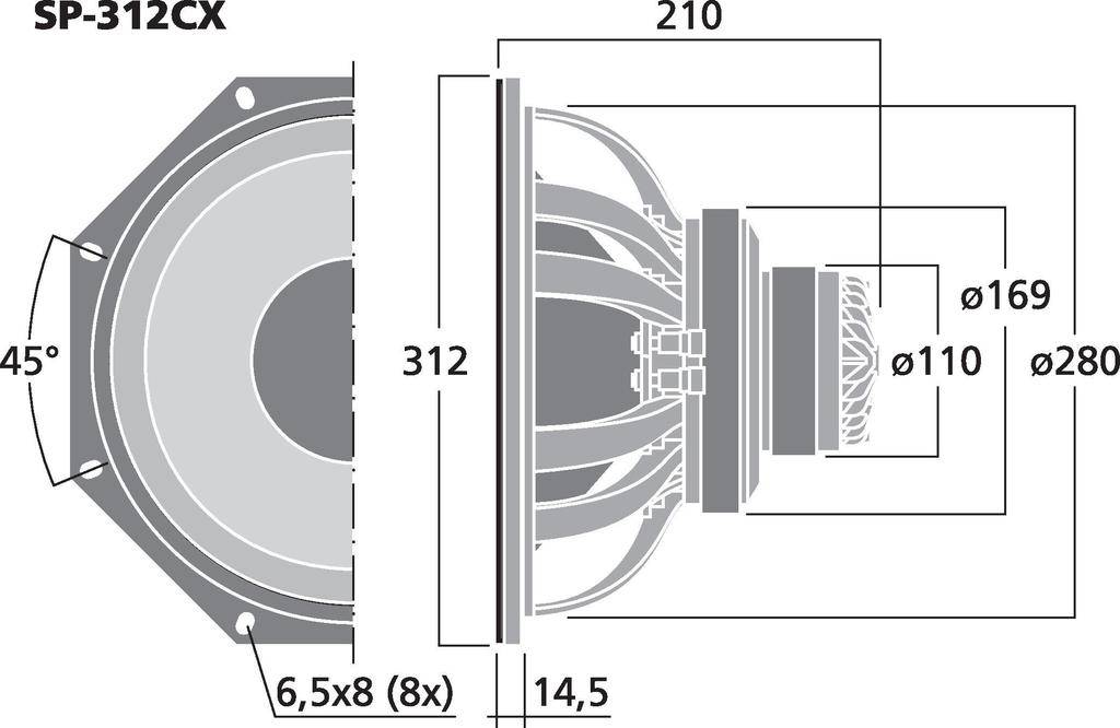 Technische Zeichnung eines Lautsprechers mit den Maßen: 312 mm Durchmesser, 210 mm Tiefe. Zusätzliche Details zu Schraubenlöchern und Winkeln.