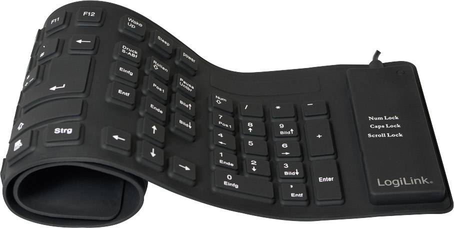LogiLink ID0019A USB Tastatur Deutsch, QWERTZ Schwarz Faltbar, Spritzwassergeschützt, Staubgeschütz