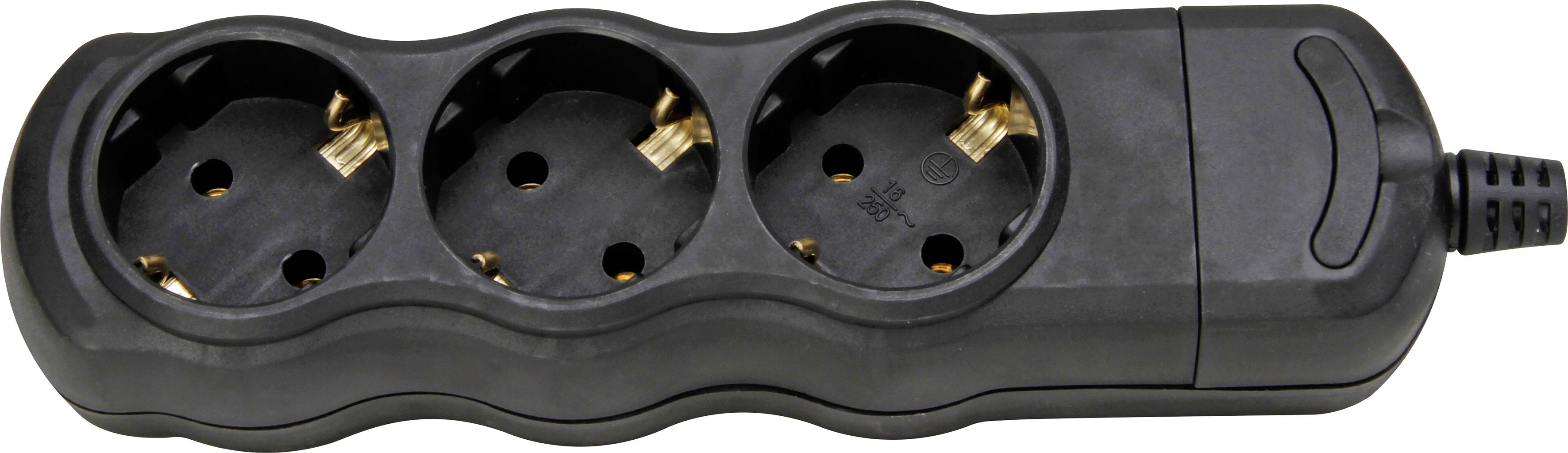 Schwarze Dreifachsteckdose mit drei runden Steckplätzen, geeignet für europäische Stecker, zeigt das Gerät in seiner Gesamtheit.