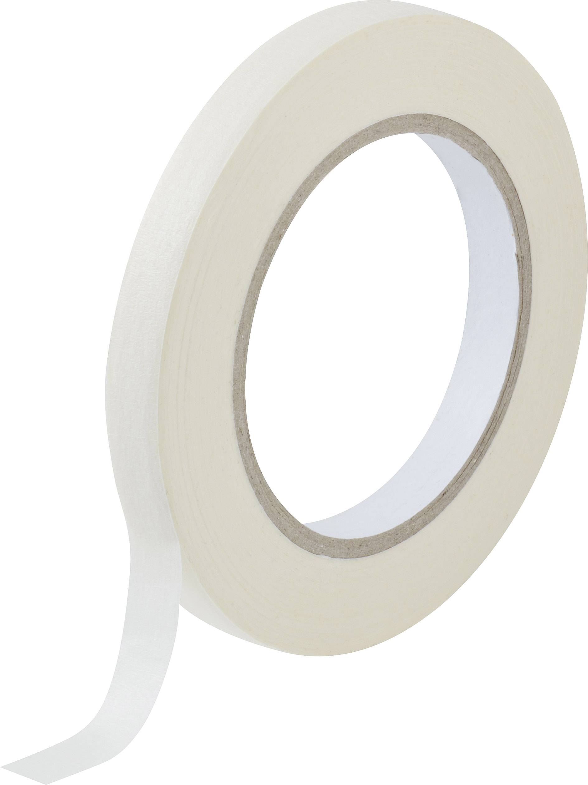 Eine Rolle weißes Klebeband mit abgezogener Spitze, auf einem neutralen Hintergrund liegend.