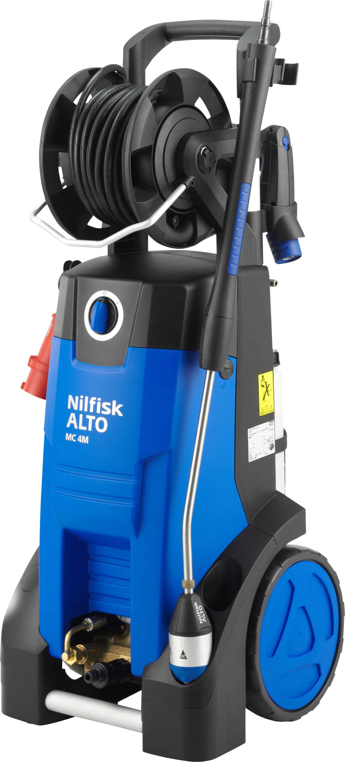Hochdruckreiniger mit blauer und schwarzer Verkleidung, Schlauchaufroller und Handgriff. Marke 'Nilfisk ALTO' auf der Vorderseite.
