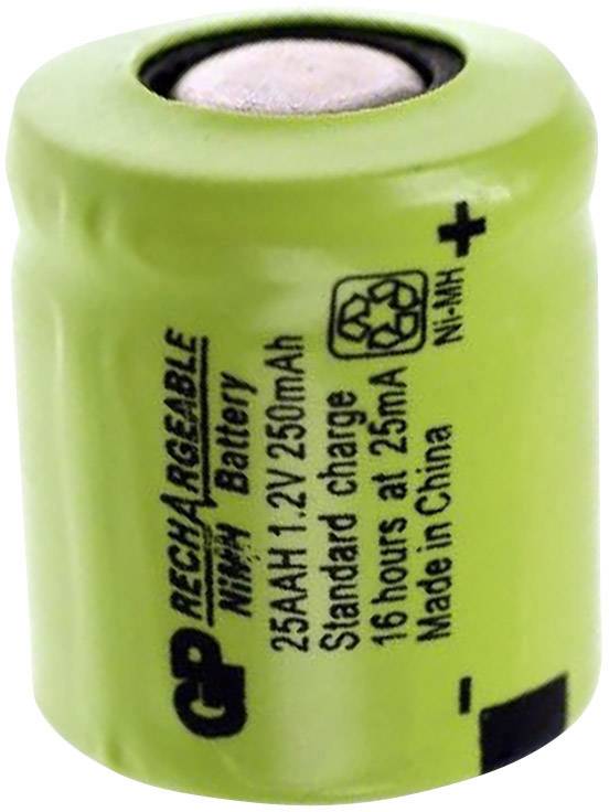 Grüne wiederaufladbare NiMH-Batterie mit 1,2V und 2500mAh Kapazität. Aufschrift: 'Standard charge: 16 hours at 125mA'.