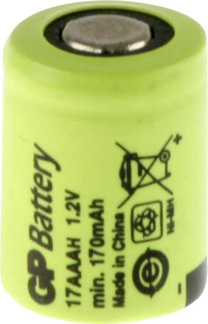 Kleine, grüne GP-Batterie mit der Aufschrift '17AAA H, 1.2V, min. 170mAh', Symbolen und 'Made in China'.