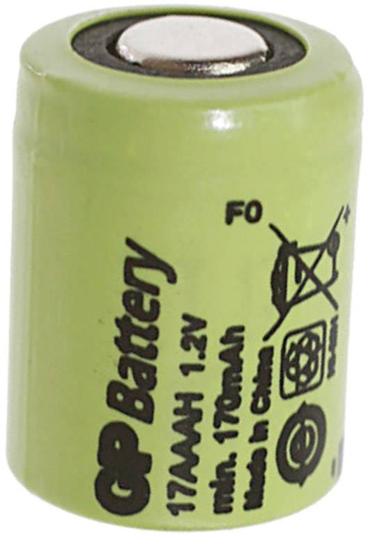 Eine grüne 1.2V GP-Batterie, Modell 17AAAH, mit 170mAh Kapazität. Hinweise: nicht wegwerfen, Recycling-Symbol, in China hergestellt.
