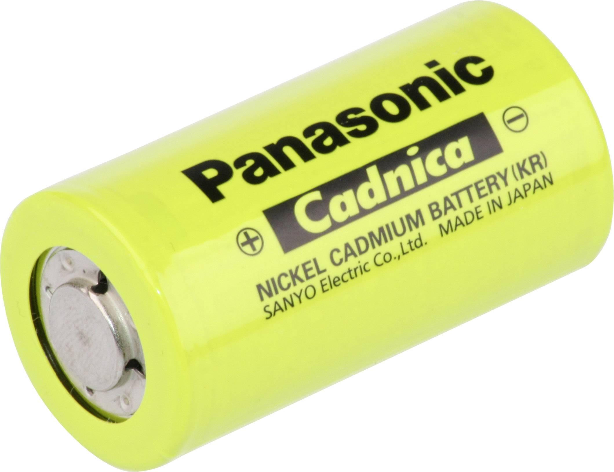 Gelbe, zylindrische Nickel-Cadmium-Batterie im Nahbereich, mit Aufschrift 'Panasonic Cadnica', produziert in Japan.