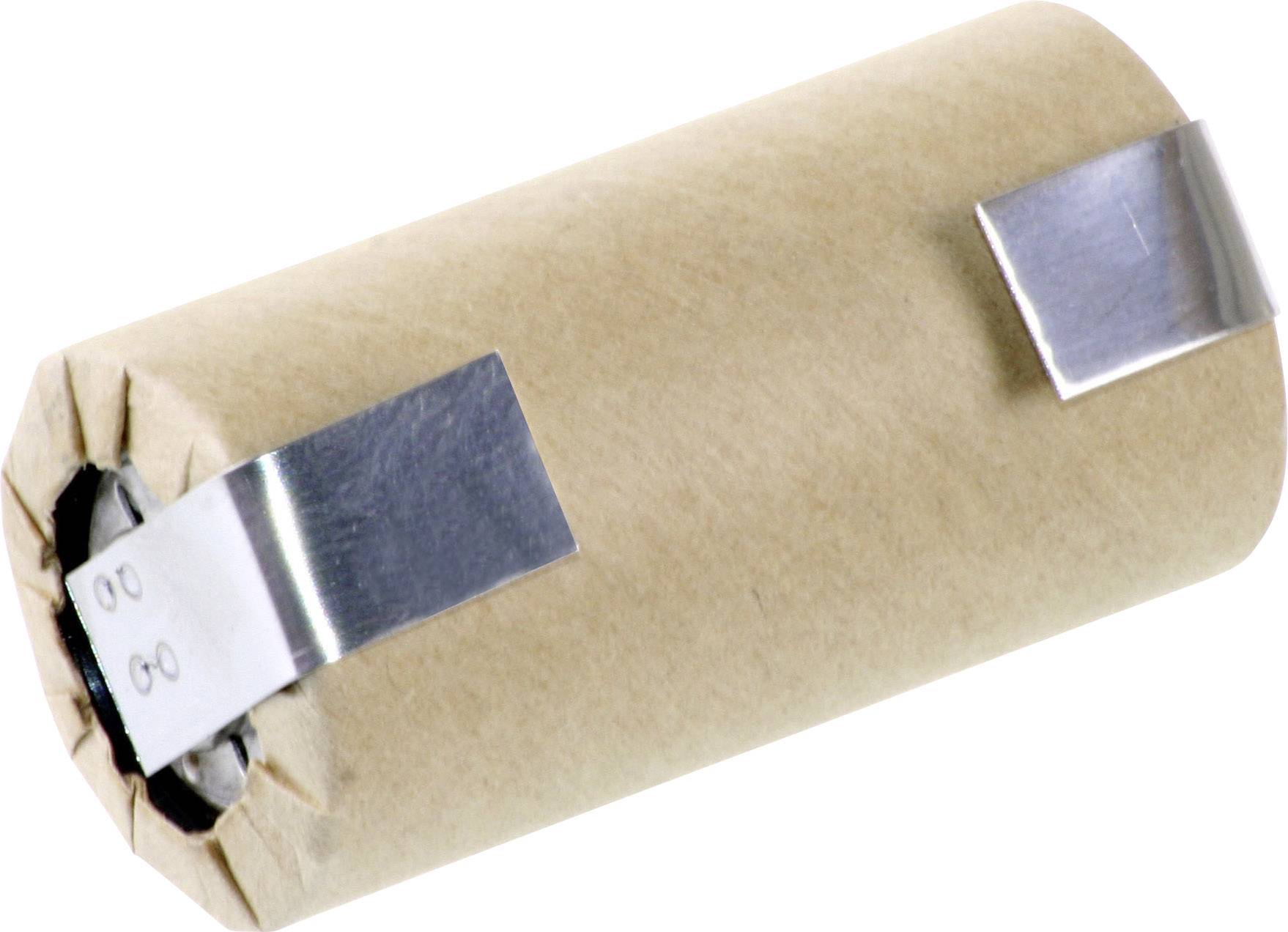 Ein zylinderförmiger wiederaufladbarer Akku mit zwei Metalllaschen zur Verbindung. Der Akku ist in braunes Papier eingewickelt.