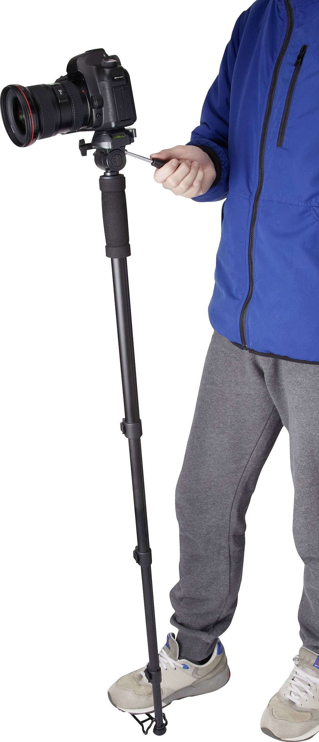 Renkforce Einbeinstativ 1/4 Zoll Arbeitshöhe=64 - 180cm Schwarz inkl. Tasche, 3D-Neiger, Wasserwaage