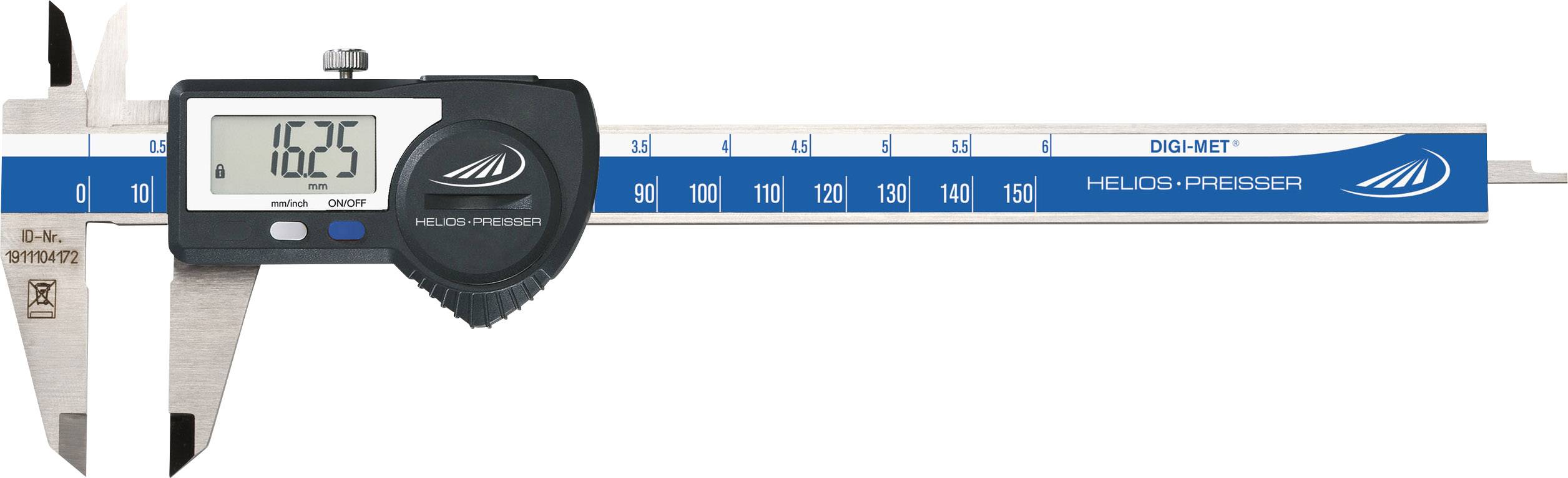 Digitaler Messschieber zeigt Messwert '16,25'. Skala von 0 bis 200 mm. Werkzeug zum präzisen Messen von Längen.
